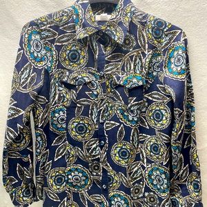 Charter Club, 100% Linen, Ladies Navy Blue w/Flowers LS Button Up Shirt